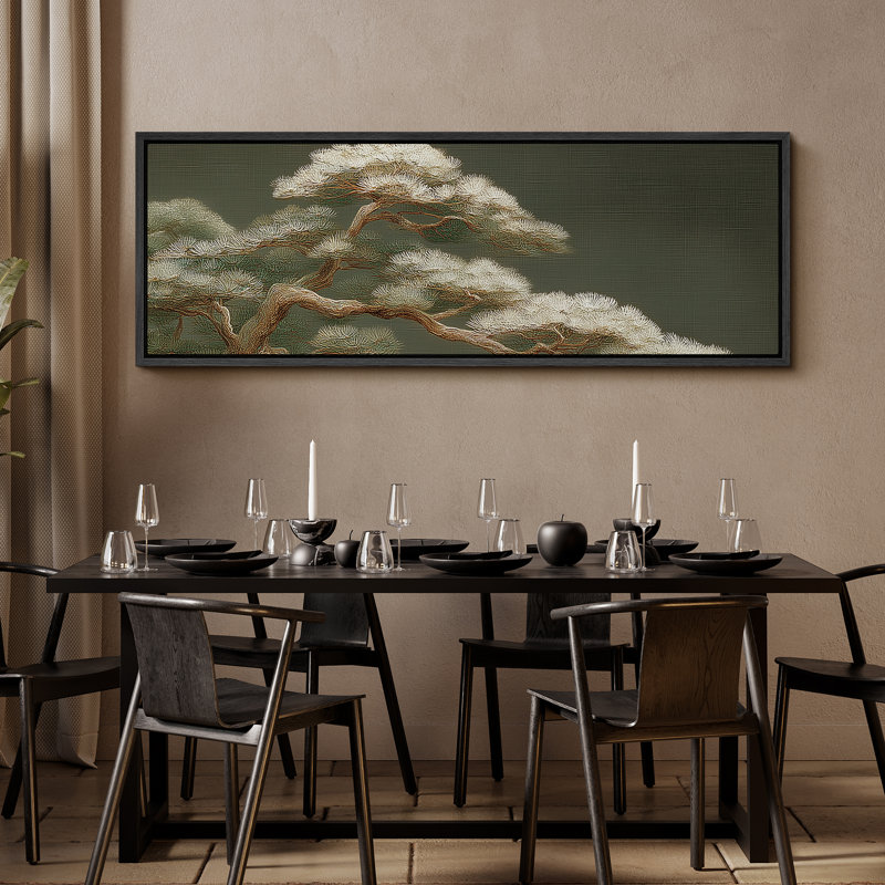 Élégant pin à feuilles persistantes sur fond vert forêt - grande reproduction d'art sur toile encadrée, Noir