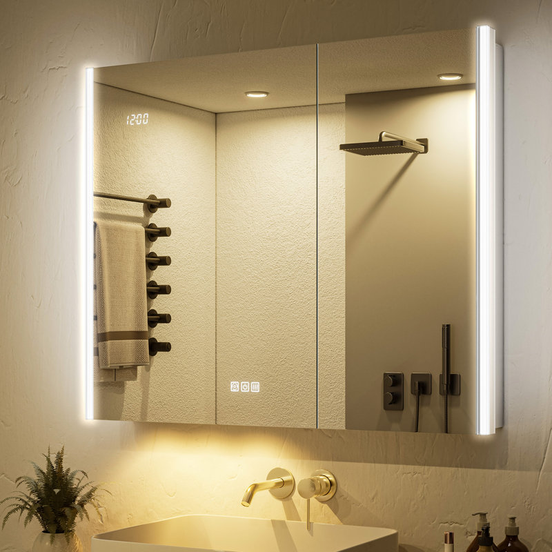 Armoire à pharmacie DEL 91 cm (L) x 76 cm (H) avec miroir, éclairage 3 couleurs à intensité variable, antibuée, prises électriques et ports USB, montage encastré ou en saillie
