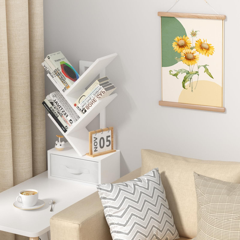 Bibliothèque Tree avec tiroir, bibliothèque en bois d'ingénierie à 4 niveaux, tablette de rangement peu encombrante pour la chambre à coucher, le salon et le bureau personnel