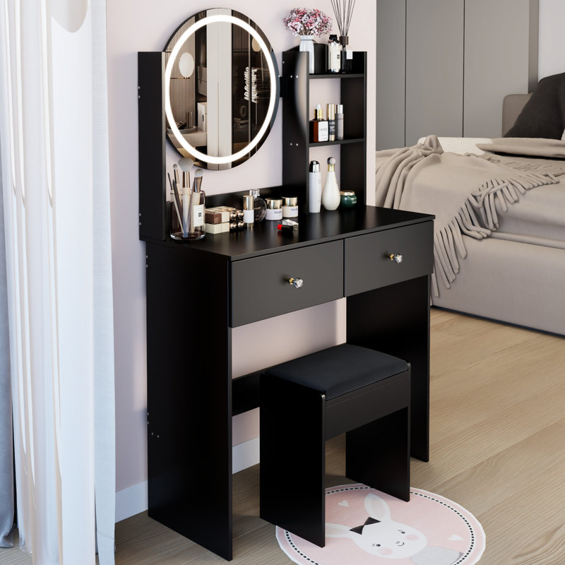 17" Round Led Mirror Dressing Table And Cushioned Seat, Touch - Operated 3 Color Lighting With Adjustable Brightness, Large Multi Layer Storage, Ideal For Small Guest Room Spaces, American Designed