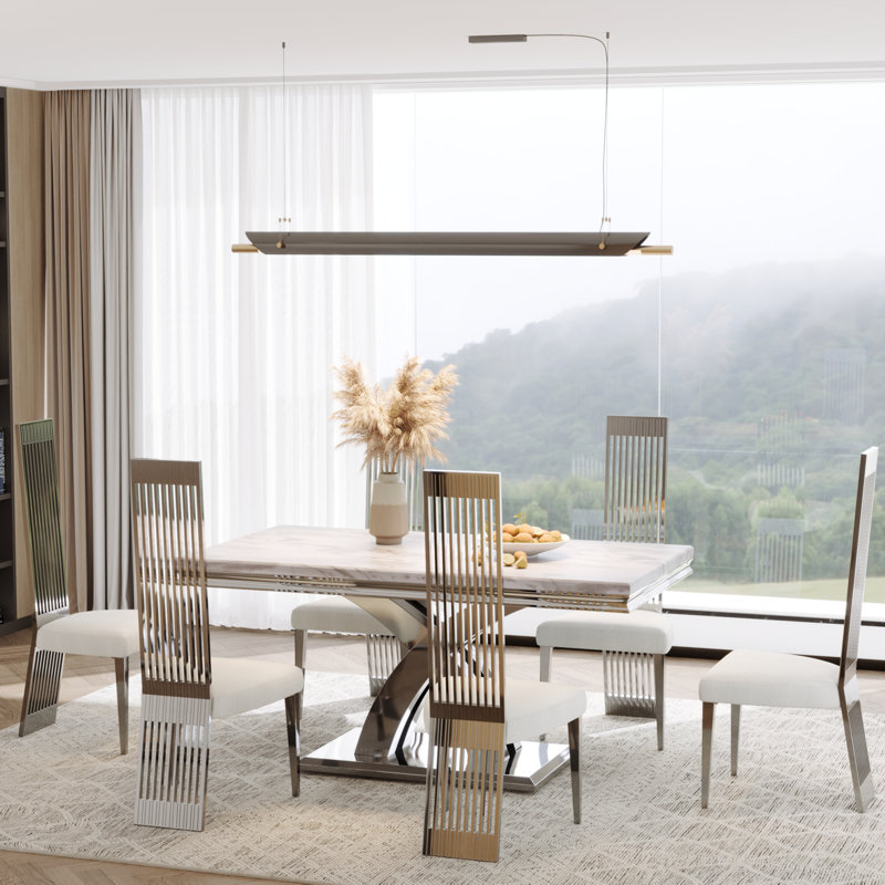 Ensemble de table de salle à manger 7 pièces blanc et argent avec 7 chaises blanches Boucle, Argent argent, Argent argent