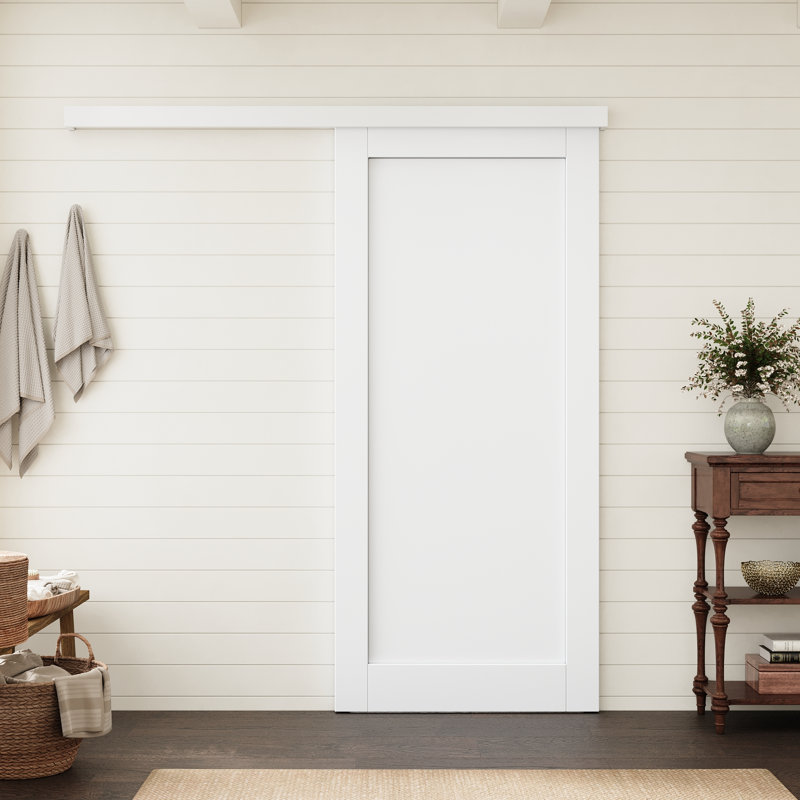 Porte intérieure standard à un panneau, 36 po x 80 po, âme pleine, apprêtée et préfinie, avec ensemble de quincaillerie à rail caché