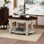 Table basse ovale en bois de 42 po pour le salon, table basse en bois massif à 2 niveaux avec tablette de rangement ouverte-981542667-981542665