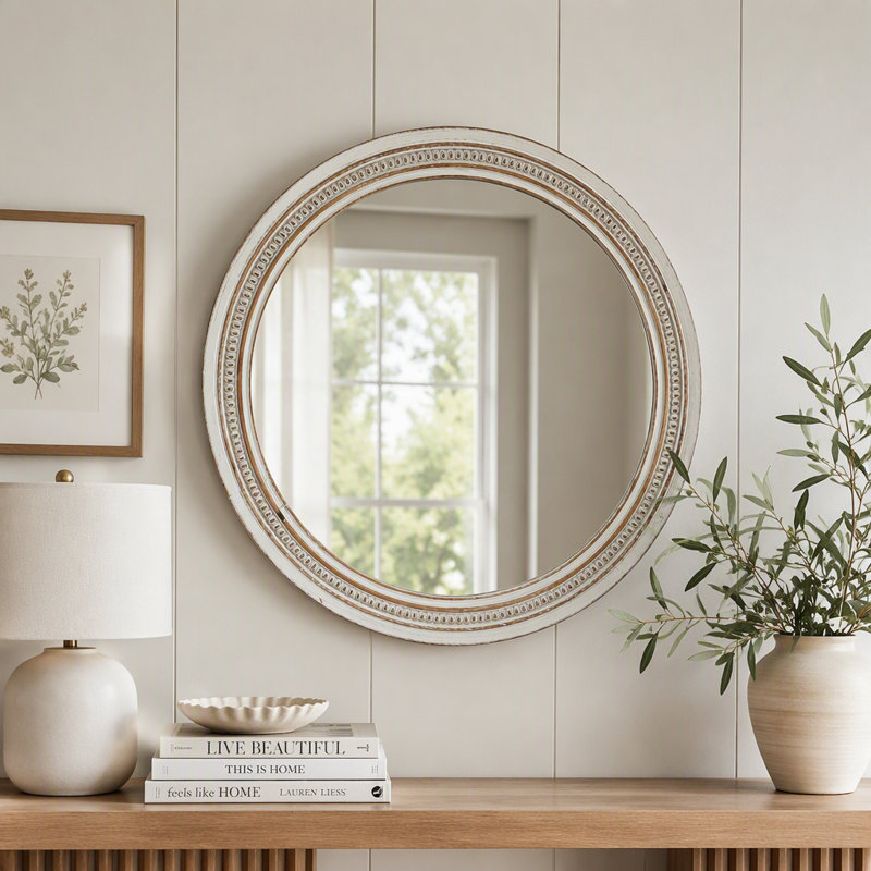 Miroir mural rétro vintage, cadre décoratif blanc patiné 27,56 po