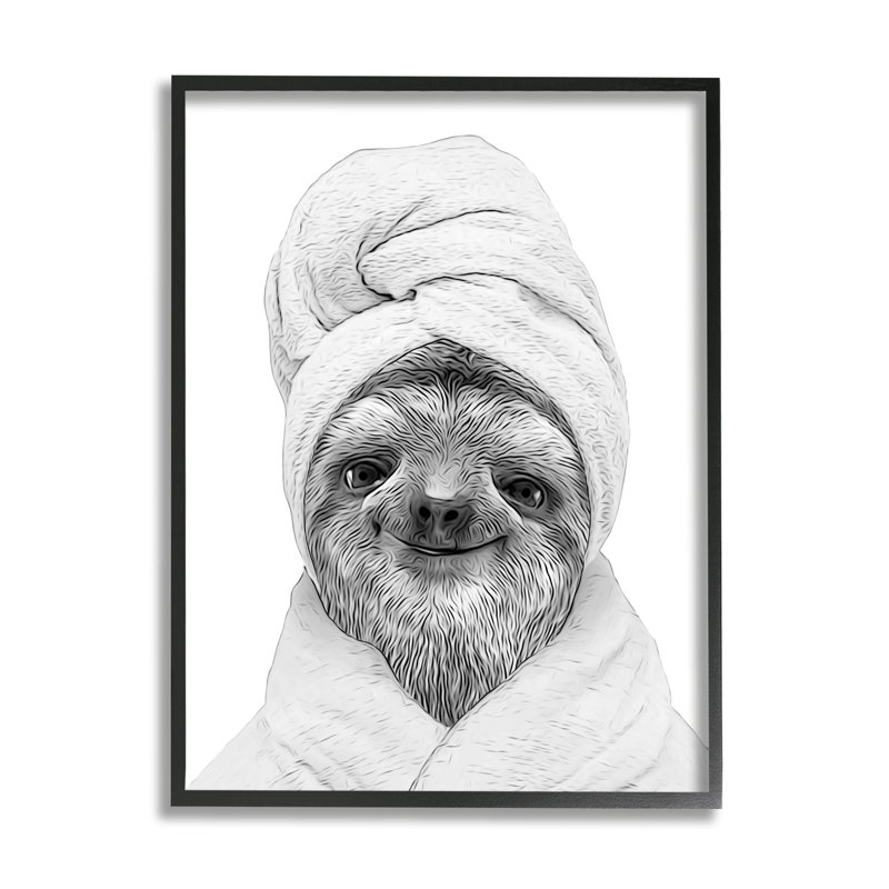 «Sloth In Peignoir Animal Portrait on Wood» par Annalisa Latella, impression, H 11 po x l 14 po, Giclée encadrée noir minuit
