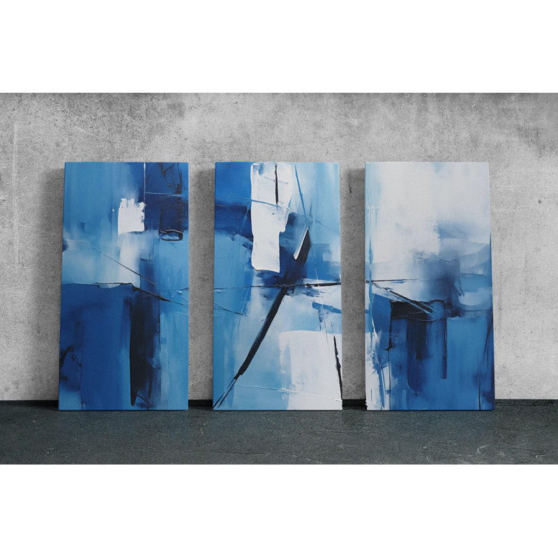«Triptych Canvas Wall Art», ensemble d'art sur toile abstrait bleu et blanc - décoration murale minimaliste moderne pour des espaces de maison élégants, reproduction de peinture