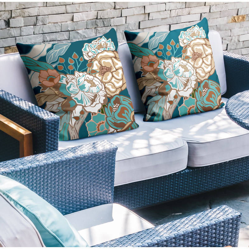 Floral Outdoor Reversible Throw Pillow, 19W" x 19H", Turquoise/Brown