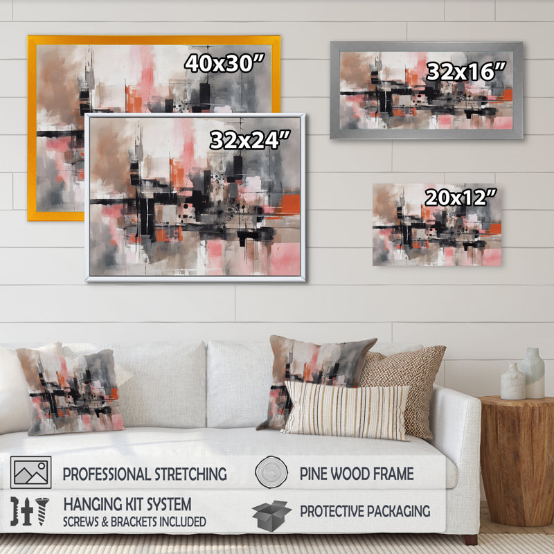 «Pink Black Minimalims Fludity II», reproduction sur toile, H 12 po x l 20 po x P 1 po, Cadre flottant doré