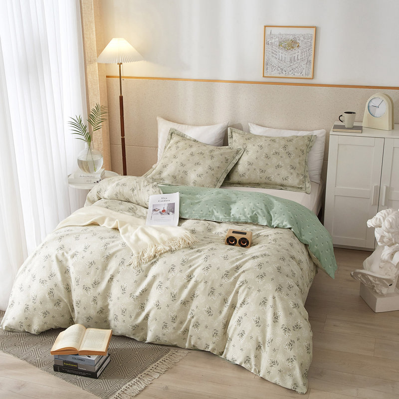  Ensemble de housse de couette en coton floral, Housse de couette simple et deux taies décorative, Kaki floral