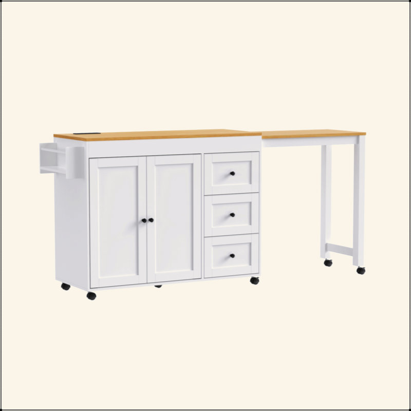 74.8" Kitchen Island With Extendable Dining Table, Kitchen Storage Cart With 3 Drawers, Power Outlet, Rolling Kitchen Island On Wheels With Spice Rack And 2 Door Cabinet, For Kitchen