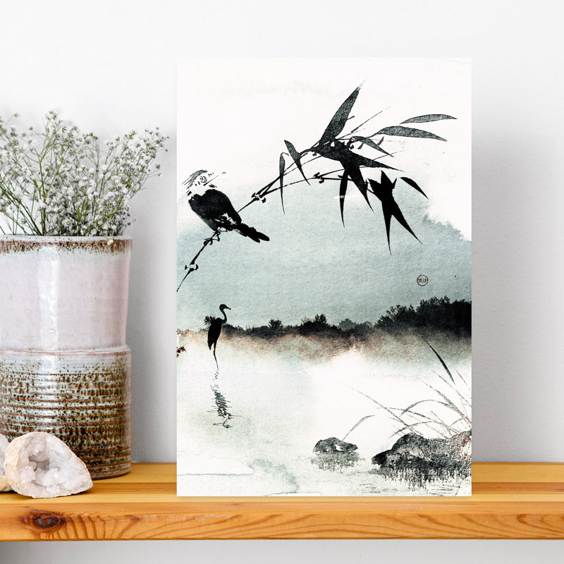 Contemporary Art Minimalist Serene Traditional Bamboo Bird Landscape Wall Art by Treechild - Wrapped Canvas Print