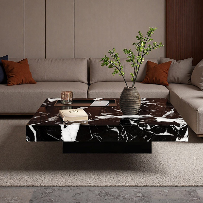 Table basse carrée en marbre de style luxueux, H 11,8 po x L 43,3 po x l 43,3 po