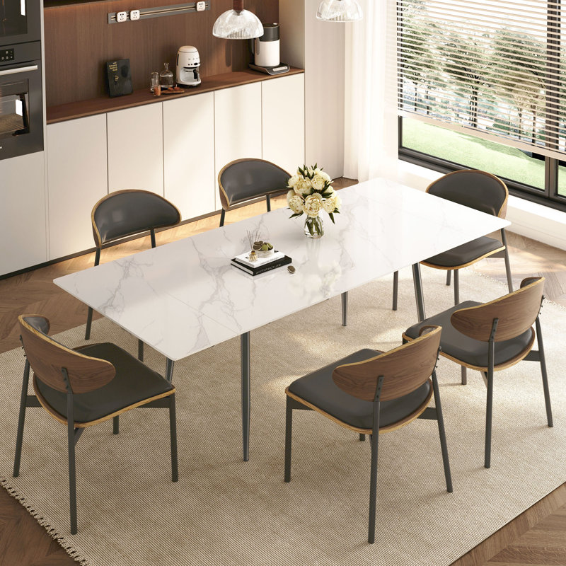 62.9" To 94.4" Sintered Stone Expandable Dining Table Set, Easy To Assemble, Black, 7