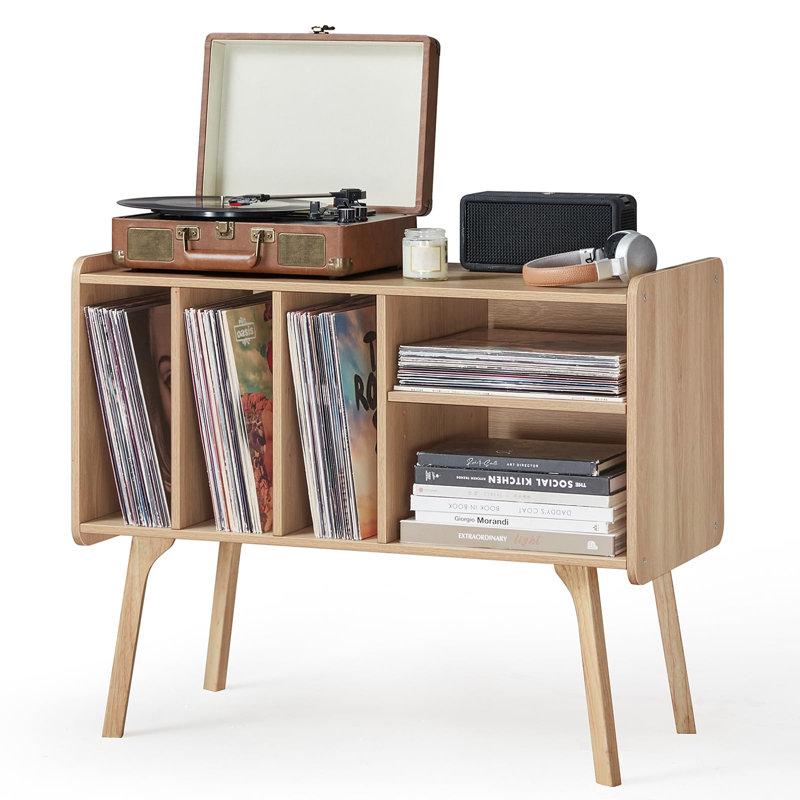 Record Player Stand with 4 Cabinet Holds Up to 220 Albums, Large Stand with Beech Wood Legs, Mid-Century Record Player Table, Vinyl Holder Storage Shelf for Living Room (Burlywood)