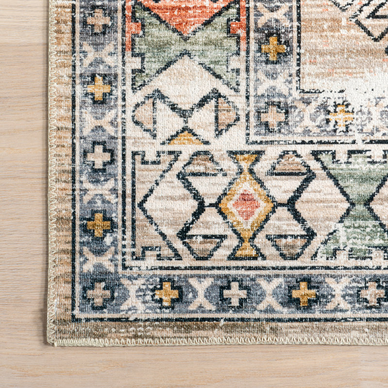 Otis Medallion Machine Washable Area Rug for Living Room Bedroom Dining Room Kitchen, Peach/Ivory, Rectangle 8' x 10'