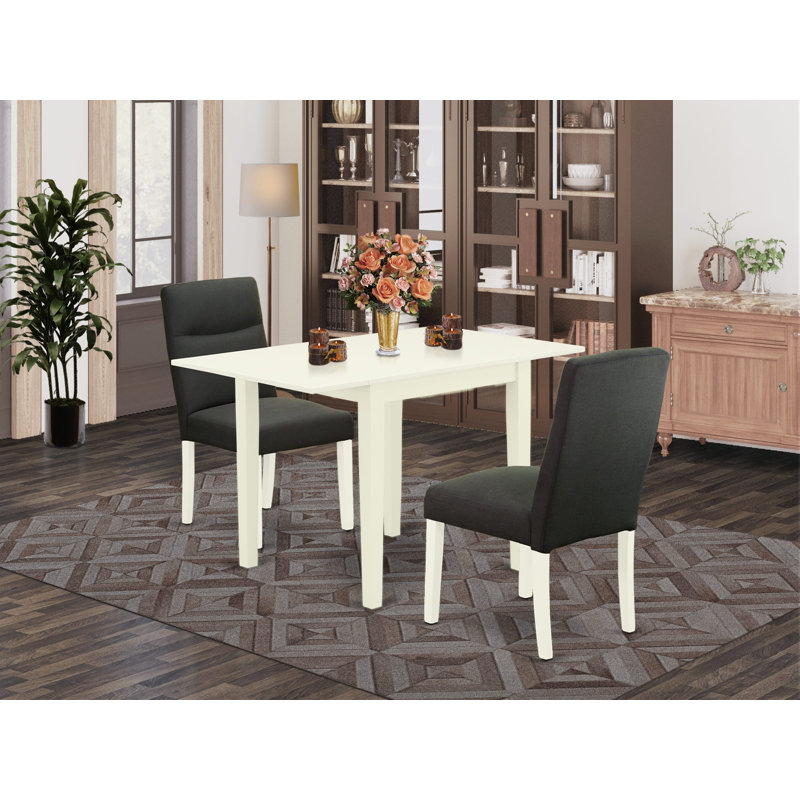 Solid Wood Top Dining Table Set, Linen White, Black, 3 Pieces: 1 Table, 2 Chairs