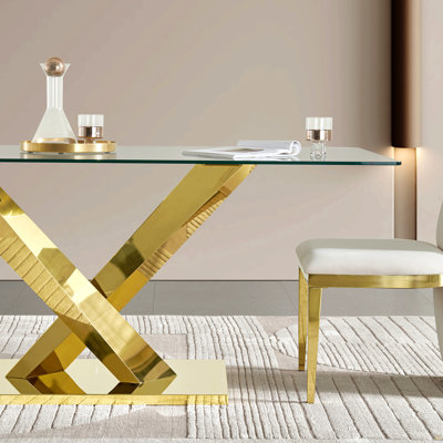 70" Modern Glass Dining Table, Luxury Gold Stainless Steel Base Dining Table, Rectangular Clear Tempered Glass Top Kitchen Table, Contemporary Dining Room Furniture