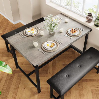 Dining Table Set for 4, Small Kitchen Table Set with 2 Upholstered Bench, 3 Piece Farmhouse Rectangular Dining Room Table Set, Space Saving Dining Table for Apartment, Grey