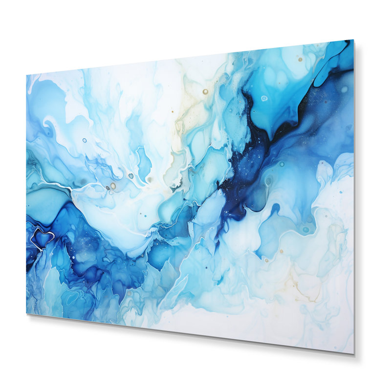 Encre liquide bleu océan et blanc I - formes abstraites, impressions murales en métal, H 24 po x l 32 po x P 1 po