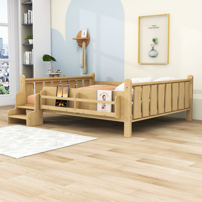 Queen Size Wood Floor Bed with Built-In Storage Shelves and Guardrails