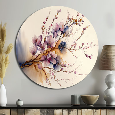 Rose et prune, branche de cerisier en fleurs III - paysages d'art rond en métal