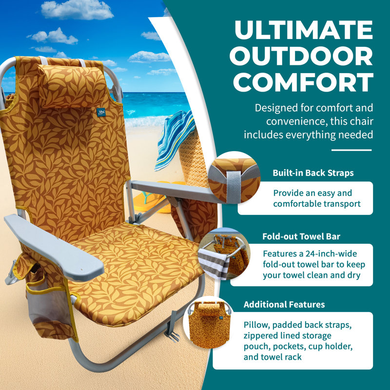  Folding Beach Chair Recliner with Detachable Cooler, Amber Leaf, Yellow Floral