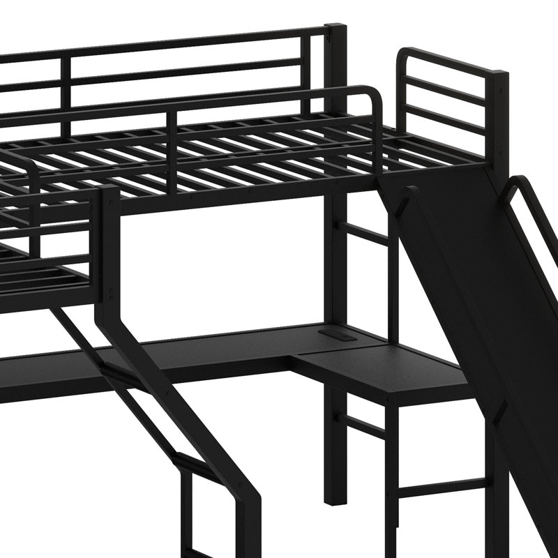 Lit superposé en L avec lit mezzanine, lit superposé triple en métal avec glissade et ports USB, Jumeaux sur complet
