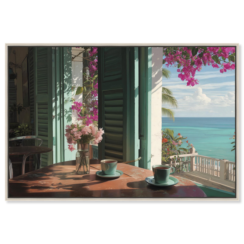 «Morning Coffee Ocean View», reproduction d'art sur toile encadrée par Art Remedy, cadre argenté, 15 x 10, Silver Frame