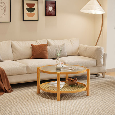 Table basse en rotin, table basse en bambou à 2 niveaux avec plateau en verre et tablette de rangement en rotin en PVC, table basse ronde moderne pour le salon, le bureau
