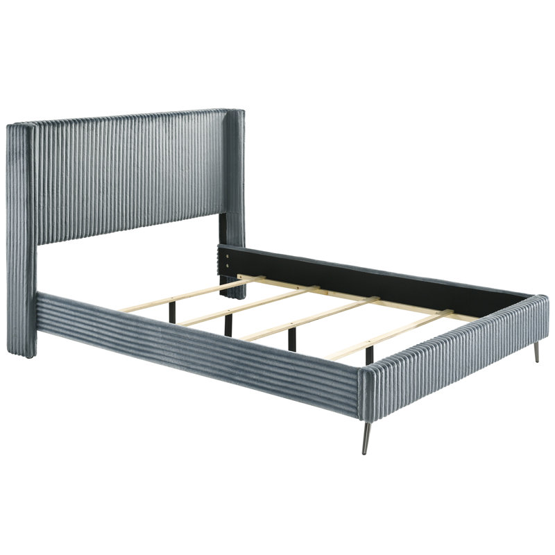 Grand lit bleu - Revêtement en velours côtelé large Wale envoûtant, tête de lit à oreilles moderne, 4 lattes de bois doux et élégant pour le soutien