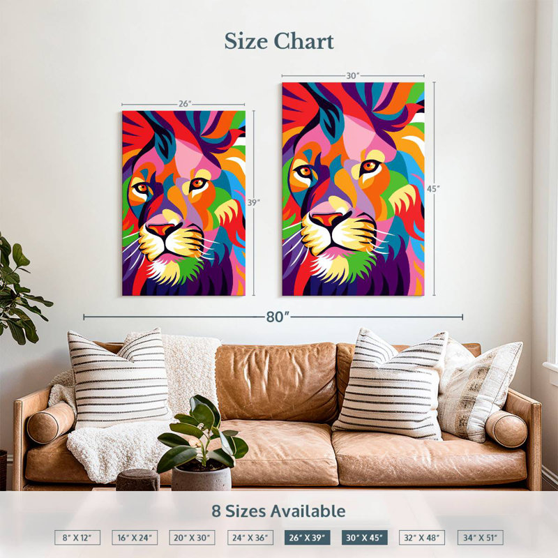 Portrait de lion coloré Brampt, H 39 po x l 26 po