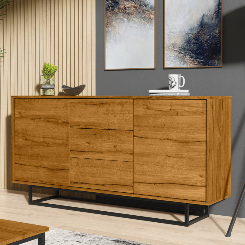 Vintage Loft Industrial Sideboard with Cabinet, Cupboard, and Drawers, Oak