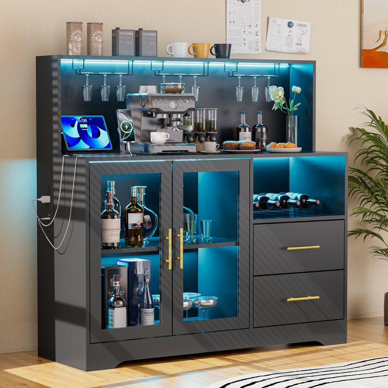 Home Bar Cabinet With Adjustable Rgb Led Light, Wine & Coffee Storage With Rack & Drawers, Charging Station, Modern Liquor Cabinet For Living & Dining Room, All-In-One Wine Bar Cabinet, Black