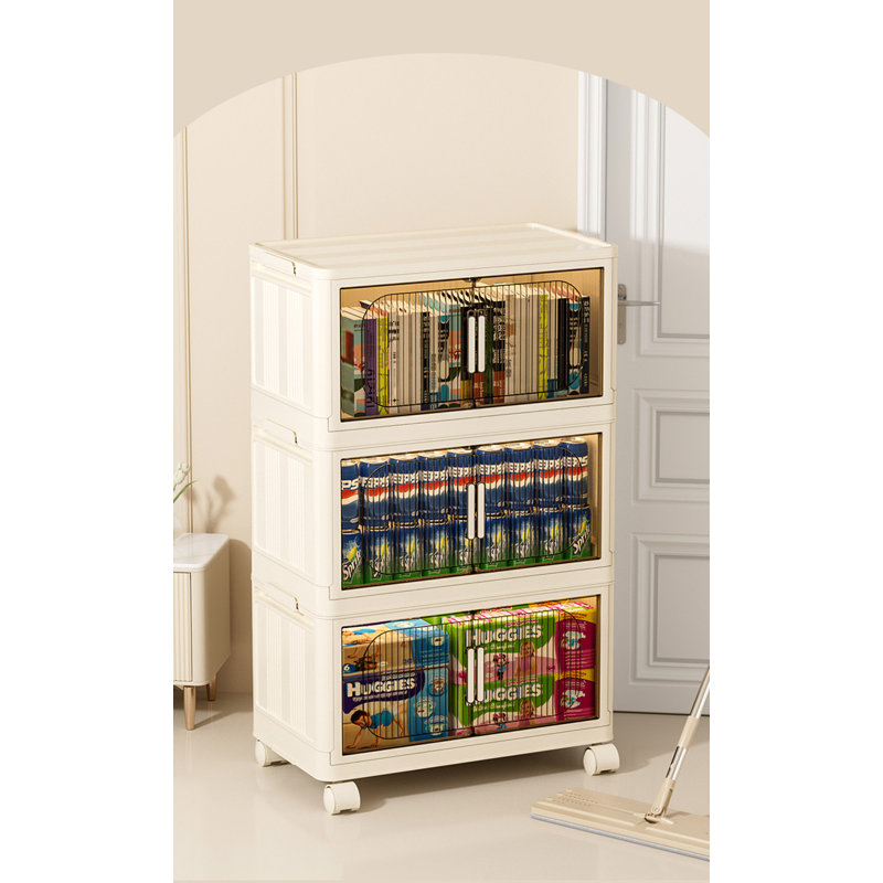 Bacs de rangement pliables avec porte magnétique, armoire de rangement en plastique avec roues
