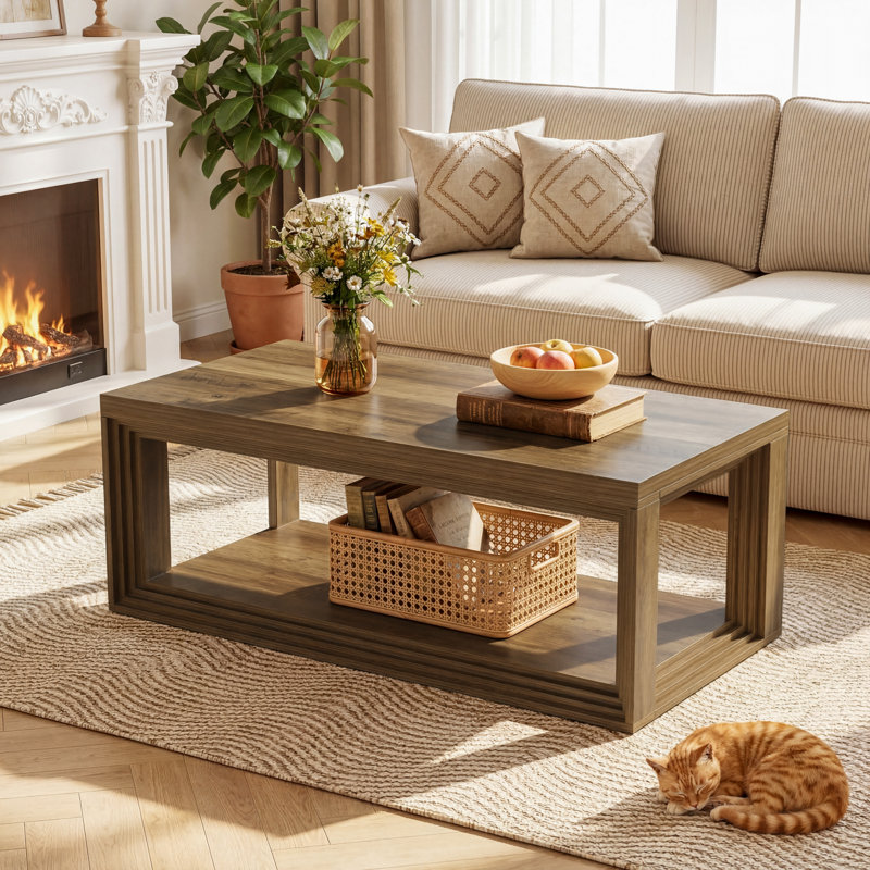 Table basse rectangulaire rustique de 47,24 po avec tablette de rangement ouverte, table de centre de ferme rétro pour le salon