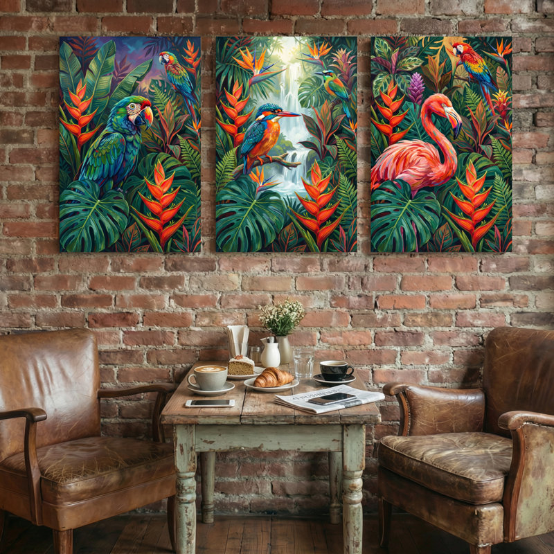 Animaux, oiseaux tropicaux et plantes de la jungle luxuriante, ensemble de 3 impressions sur toile, H 36 po x l 72 po