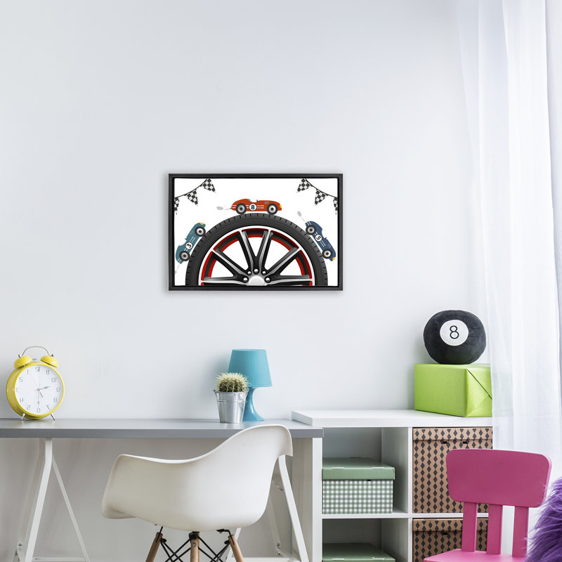 Cadre de course autour d'une roue, design par Christine Simpson Art, Cadre flottant noir de jais, H 17 po x l 25 po