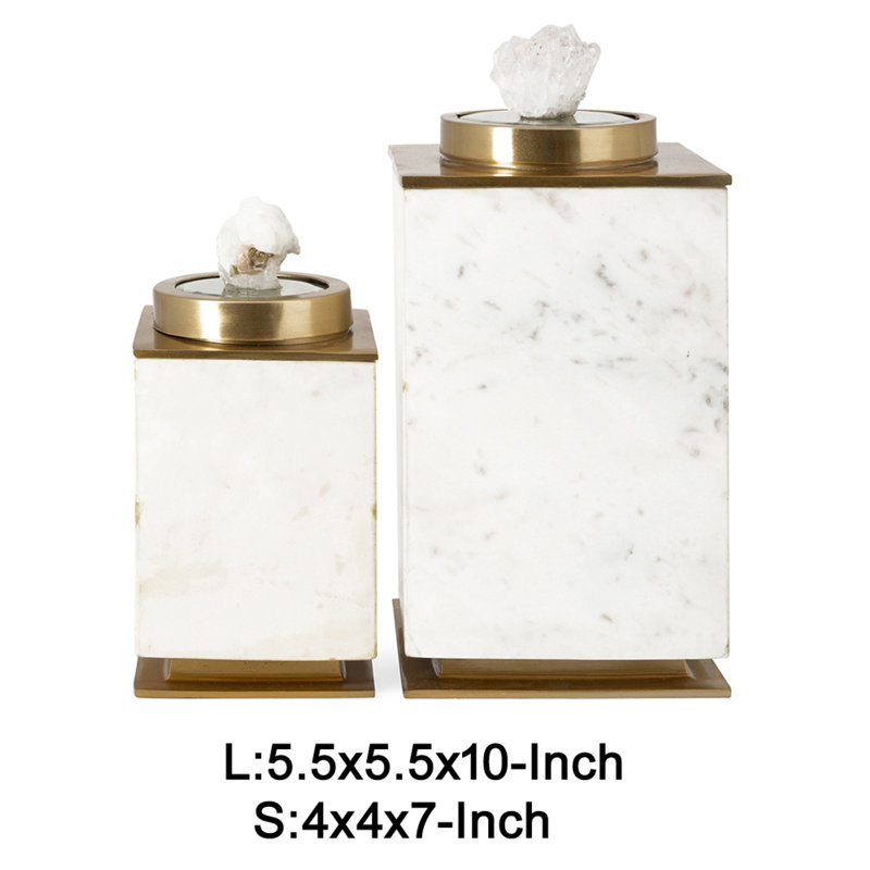 Ensemble de 2 pots décoratifs en aluminium blanc et or, bois de manguier