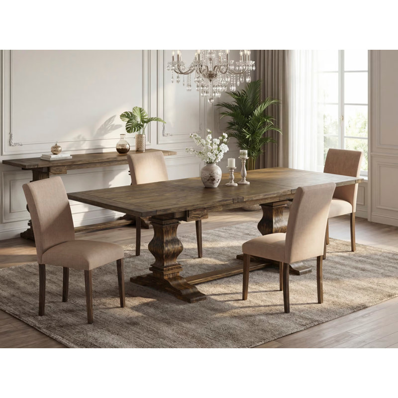 5 Piece Dining Set Includes a Rectangle Dining Room Table with Removable Leaf and 4 Light Sable Linen Fabric Upholstered Chairs, Jacobean