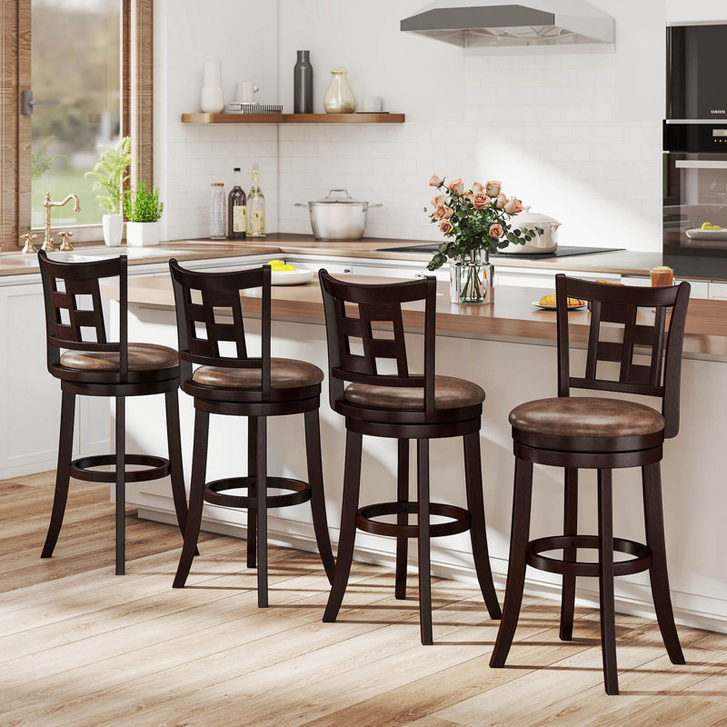 Set Of Bar Stools Swivel Bar Chairs With Footrest, Lattice Backrest, 2, Bar Stool (30” Seat Height)