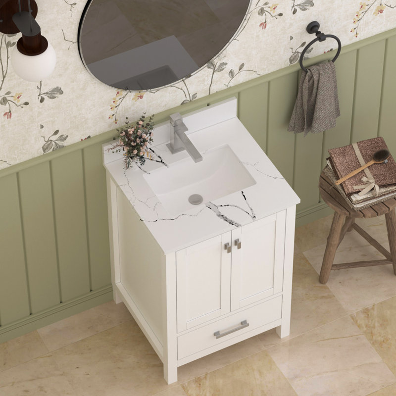 Comptoir-lavabo en quartz de 61 cm (24 po) avec lavabo encastré en céramique et dosseret., 24