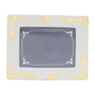 Decorative Rectangular Picture Frame with Flower Decor Accent - Stylish Photo Frame for Entryway Display or Office Decor - Gold & White