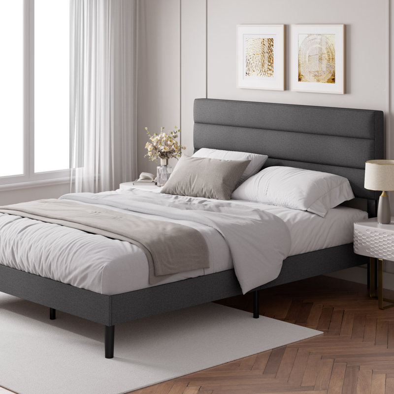 Bellay Upholstered Bed Frame with Channel Tufted Headboard, Grey, Double (4'6)