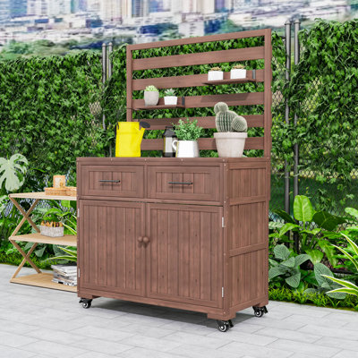 Outdoor Potting Bench with Stainless Steel Tabletop, Lockable Wheels, Drawers and Adjustable Shelf