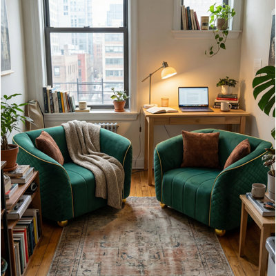 2 pièces Luxueux fauteuil matelassé vert rétro avec garniture dorée et pieds en forme de boule sur mesure - Fauteuil d'appoint confortable et élégant pour le salon ou le bureau