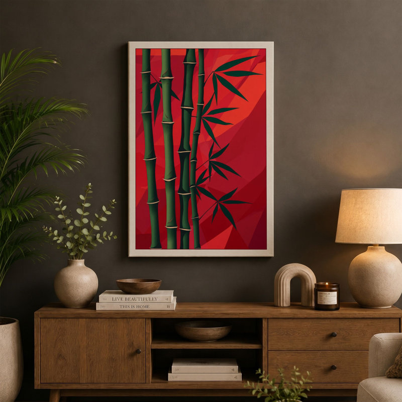 Crimson Bamboo Japandi - Wrapped Canvas, 18x12 - 45.7 x 30.5 cm, Black Border