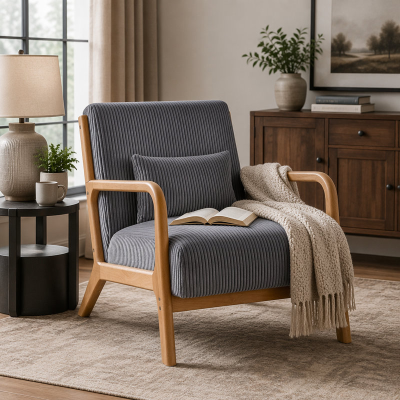 Fauteuil rembourré en velours côtelé Corduroy avec tissu durable et coussin de dossier inclus pour une assise confortable