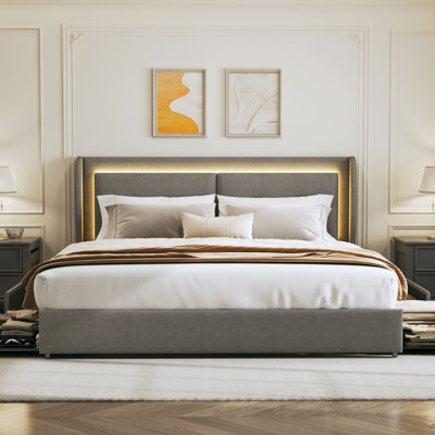 Bed Frame With Storage Drawers, Wingback Headboard, Led Light