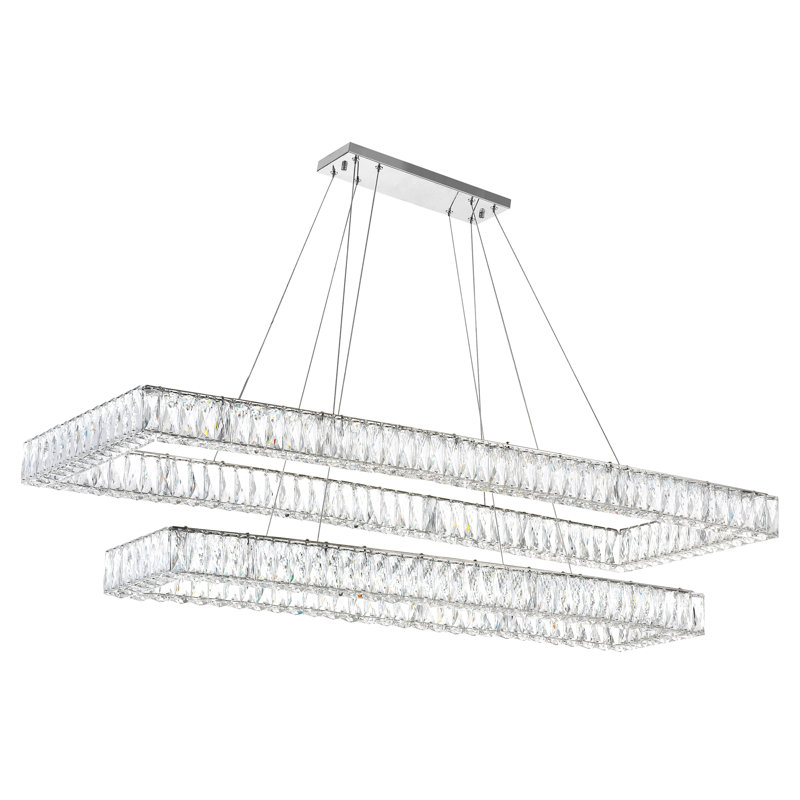 52'' Chrome 2-Tier Rectangular Chandelier for Kitchen Island, Dining Room, or Foyer – Integrated LED Light Fixture