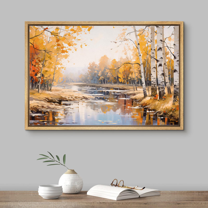 Autumn Fall " Forest River In Autumn ", Natural Floater Frame, 16" H x 24" W